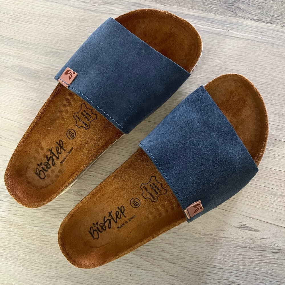 Biostep Sandals Womens 6.5 Slide Blue Leather Comfort Casual Slip On Open Toe